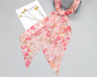 Floral Long Skinny Silk Scarf, Pink Silk Hair Tie, Neck Wrap