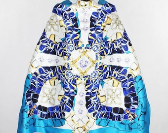 Bufanda de seda azul rey ligeramente defectuosa - Estampado de rombos, cuadrada grande (89 cm)