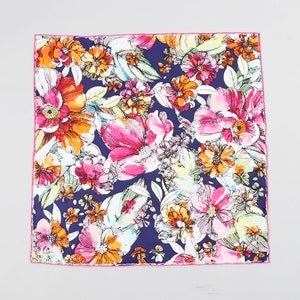 TWILL DE PURE SOIE 20&quot; Foulard carré tête cou cheveux Wrap queue de cheval cravate Boho 53 cm Bandana vintage foulard bleu rose floral peinture mère cadeau