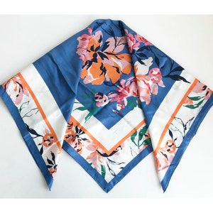 90CM Pure Silk Twill Large Square Scarf Neck Hair Head Wrap Floral Silk Bandana Peony Flower Print Blue White Orange Vintage Designer Shawl