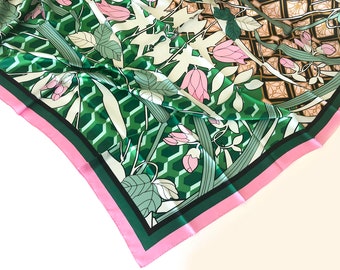 120 CM Italienische Reine Seide Twill Frauen Große Quadratische Schal Seide Kopftuch Haar Hals Wraps Moderne Vintage Bandana Floral Art Deco Rosa Grün