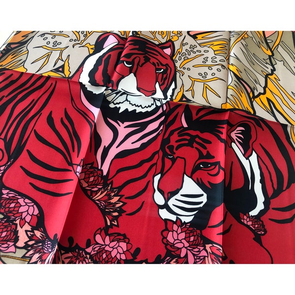 100% reine Seide Rot Bandana Damen Seidenschal 53cm Quadrat Seide Halstuch Pferdeschwanz Krawatte Seide Haar Hals Kopf wickeln Tiger Seidenschal