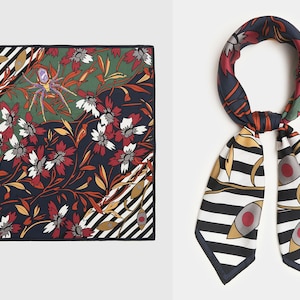 90CM Pure Silk Twill Large Square Scarf Women Head Neck Hair Wrap Black White Stripe Shawl Red Purple Green Navy Blue Bandana Floral Spider