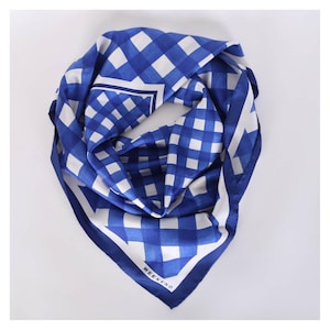 PURE SILK Italian Designer Neckerchief 90cm Large Square Scarf Royal Blue White Head Neck Hair Wrap Geometric Check Print Bandana Women Gift
