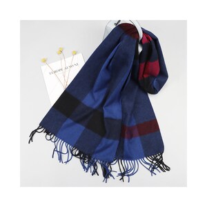 100% Pure Wool Pashmina Super Soft Light Weight Warm Women Men Winter Long Scarf Classic Check Plaid Tartan Tassel Scarf Dark Royal Blue Red