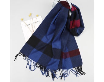 100% Pure Wool Pashmina Super Soft Light Weight Warm Women Men Winter Long Scarf Classic Check Plaid Tartan Tassel Scarf Dark Royal Blue Red