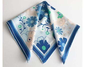 53cm Floral Silk Bandana, 21x21" Blue Silk Square Scarf, Hand Hem Neckerchief