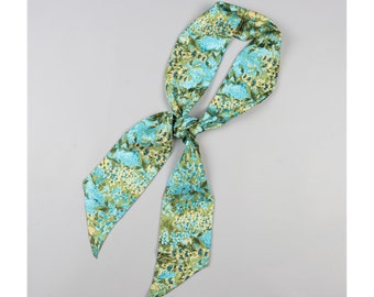 100% Pure Silk Twill Double Layer Long Skinny Scarf Head Neck Hair Wrap Ponytail Bag Wrist Tie Headband Maxi Ribbon Bow Floral Green Teal