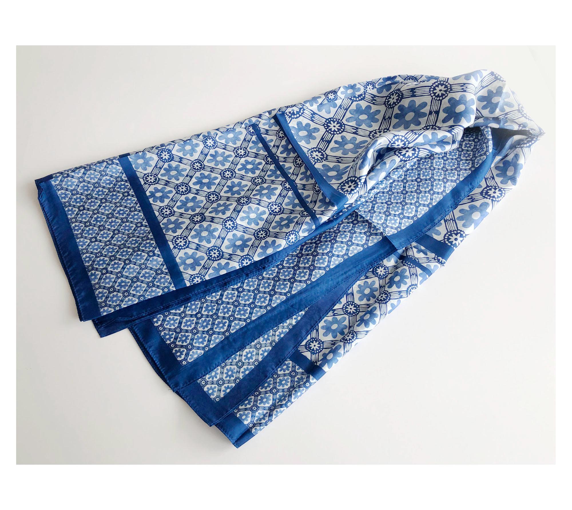 135cm Oversized Mulberry Silk Bandana, Royal Blue White Shawl, 53" Large Chiffon Square Scarf