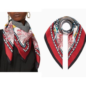 Slightly Flawed - 90CM Designer Pure Silk Twill Large Square Scarf Head Hair Wrap Floral Bird 35&quot; Bandana Geometric Shawl Red Pink Black