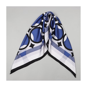 Slightly Flawed - 90cm PURE SILK TWILL Hand Rolled Hem Large Square Scarf Vintage Shawl Blue White Head Hair Wrap Geometric Print 35 Bandana