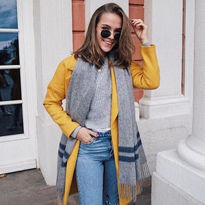 Pure Wool Striped Scarf: Unisex Warm Winter Shawl Light Grey Navy