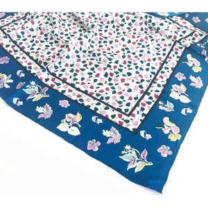 Italian Vintage Pure Silk Twill Bandana Designer Foulard Large Square Scarf 90cm Head Neck Hair Wrap Heart Love Floral Blue Cute Mum Gifts