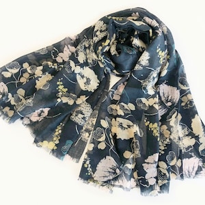 Pure Wool Pashmina Scarf, Navy Blue Floral Shawl with Fringed Edges