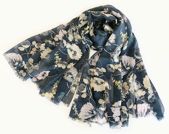 Pure Wool Pashmina Scarf, Navy Blue Floral Shawl with Fringed Edges