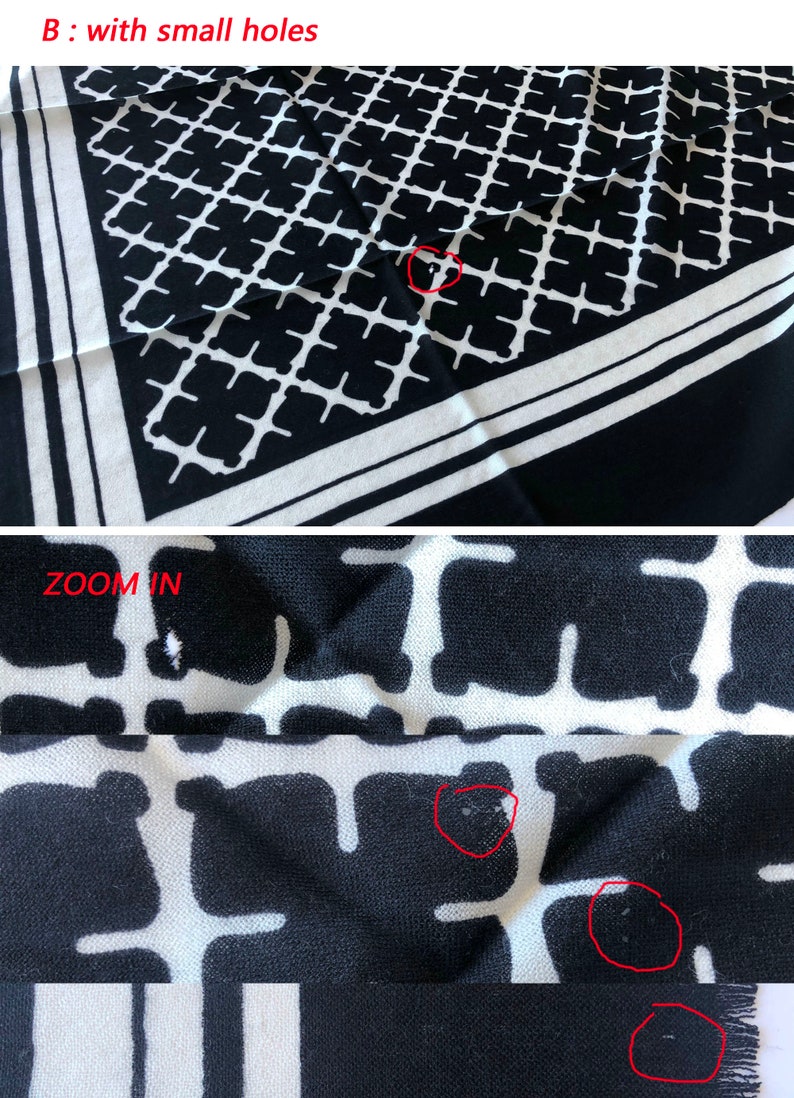 May include: Black and white patterned scarf with a geometric design. The scarf has a repeating pattern of black shapes on a white background, with a contrasting black border. The text "B : with small holes" and "ZOOM IN" are visible.