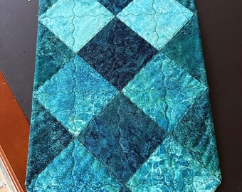 Turquoise Table Runner, Hexagonal Shape, Quilted, 35 x 12, Long and Narrow