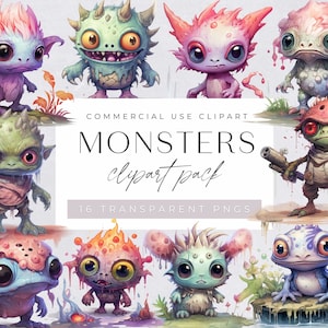 Niedliche Halloween Monster Clipart, Aquarell, Halloween-Party-Einladung, Fantasie, Spooky, Unheimlich, Geburtstag, digitaler Download, transparente png