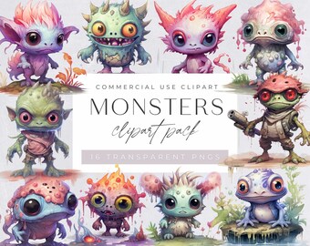 Cute Halloween Monsters Clipart, Watercolor, Halloween Party Invitation, Fantasy, Spooky, Scary, Birthday, Digital Download, transparent png