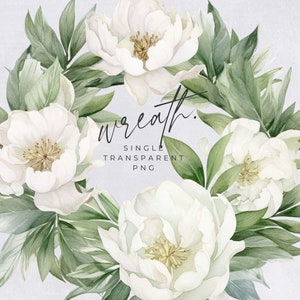 Magnolia Wreath Clipart, SINGLE IMAGE, Floral Watercolor Half Wreaths, White Flowers, Wedding Invitation, transparent png, Commercial Use