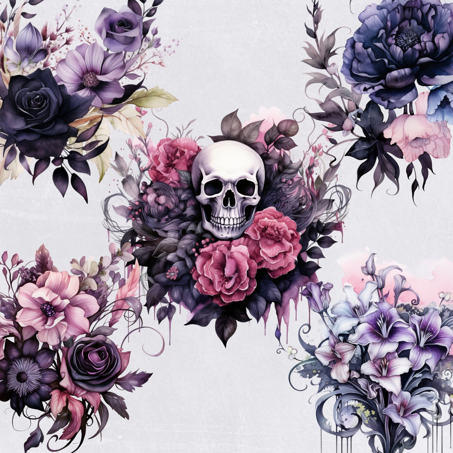 Gothic Black Red Rose Clipart, Floral Clip Art, Skull and Roses ...