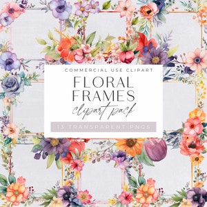 Clipart de molduras florais selvagens, clipart de bordas de flores, gráficos de convite de casamento de flores selvagens, quadro botânico e de folhas em aquarela pré-fabricado,