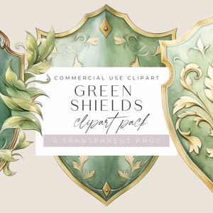 Green Shields Watercolor Clip Art, Commercial Use, Transparent PNGs, Card Making, Defence, Badge, Digital Download