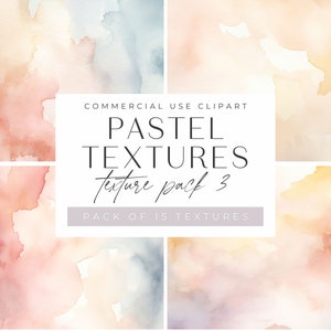 May include: A set of 15 digital watercolour textures in pastel colours. The textures are perfect for adding a soft, dreamy feel to your designs.  COMMERCIAL USE CLIPART PASTEL TEXTURES texture pack 3 PACK OF 15 TEXTURES