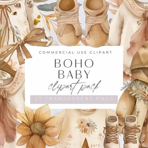 Boho babykleding clipart, kinderkamer kunst aan de muur aquarel illustraties, boho babyshower, genderneutraal, wenskaart, transparante png-bestanden,