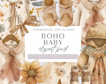 Boho Baby Clothes Clipart, Nursery Wall Art Watercolor Clip art, Bohemian Baby Shower, Gender Neutral, Greetings Card, Transparent PNGs,