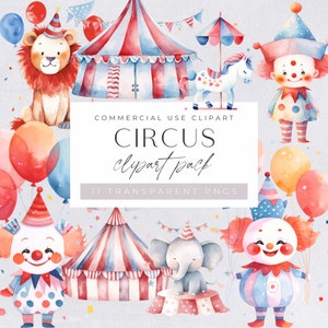 Circus Watercolor Clipart, Carnival Clip Art, Party Tent Graphic, Clown and Balloons, Elephant & Lion, Baby Shower Invitation, Nursery Decor