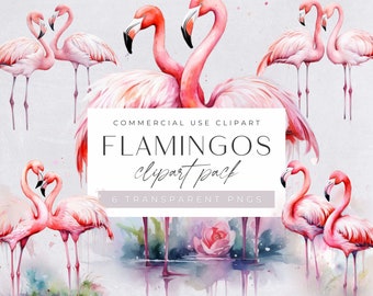 Flamingo Clipart commercial use,  Pink Flamingos, Watercolor Tropical Birds, Exotic, Card Making, Junk Journal Clip Art, Transparent PNGs,
