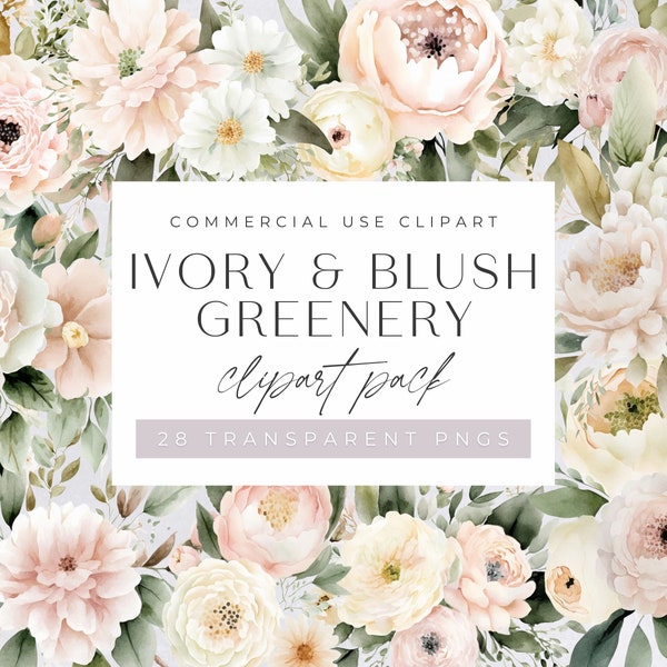 Ivory and Blush Greenery Clipart, Cream, White & Pink Watercolor Flowers, Commercial Use, Transparent PNGs, Wedding Invitation Florals