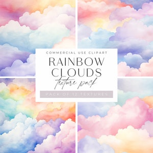 Rainbow Clouds digitaal papier. Regenbogenpatroon jpeg, babykamer clipart, afdrukbare plakboekachtergronden, aquarel texturen, commercial