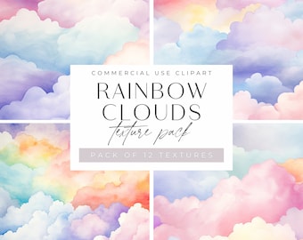 Rainbow Clouds Digital Paper. Rainbows Pattern JPEG, Baby Nursery Clipart, Printable Scrapbook Backgrounds, Watercolor Textures, Commercial