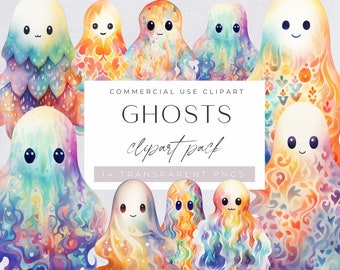 Ghost Watercolor Clipart, Cute Groovy Clip Art, Spooky Decor, Kids Creepy Party Invitations, Halloween,  Digital Download, transparent png