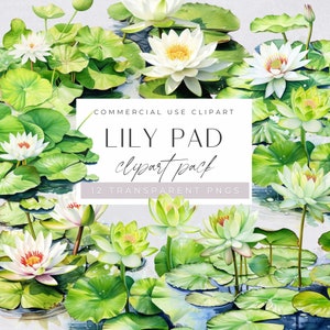 Lily Pad Clipart, Lilypad Clip Art, gráficos florais de lagoa, nenúfares em aquarela png, ilustrações de flores de lótus do lago, uso comercial