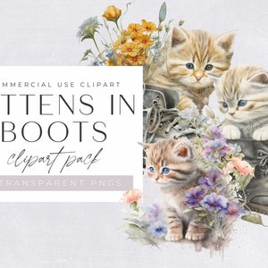 Kittens in Boots Clipart Pack, Watercolor Cats, Clipart for commercial use, Transparent PNGs, Cute,  Adorable kittens Clip art