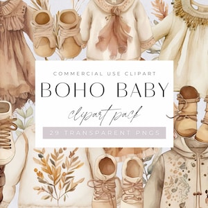 Boho babykleding clipart, kinderkamer kunst aan de muur aquarel illustraties, boho babyshower, genderneutraal, wenskaart, transparante png-bestanden,