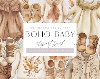 Boho Baby Clothes Clipart, Nursery Wall Art Watercolor Clip art, Bohemian Baby Shower, Gender Neutral, Greetings Card, Transparent PNGs,
