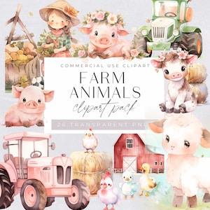 Farm Life Watercolor Clipart, Farmhouse Clip Art,  Red, Pink, Green Watercolor Tractor, Cute Animals, Birthday Graphics, Nursery Decor,