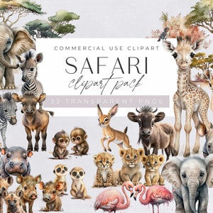 Safari Animals Clipart Watercolor, Clipart for commercial use, Transparent PNGs, Nursery Clipart, Giraffe, Elephant, Lion, Zebra, Hippo