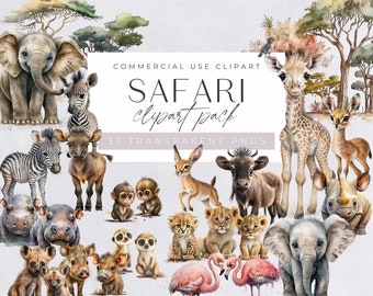 Safari Animals Clipart Watercolor, Clipart for commercial use, Transparent PNGs, Nursery Clipart, Giraffe, Elephant, Lion, Zebra, Hippo