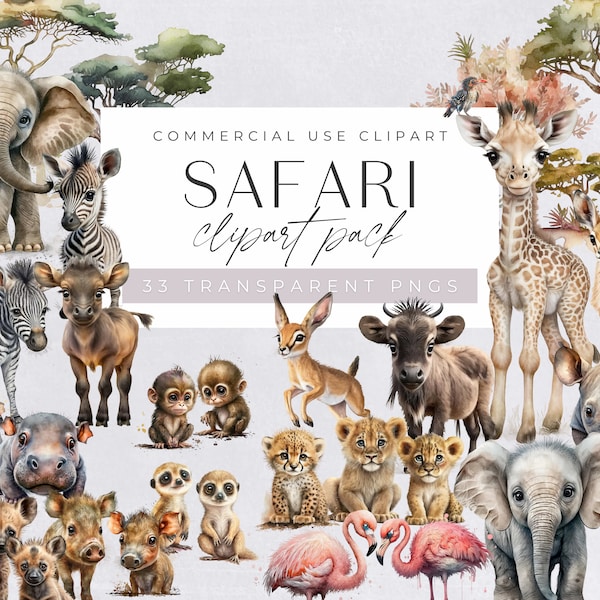 Safari Animals Clipart Watercolor, Clipart for commercial use, Transparent PNGs, Nursery Clipart, Giraffe, Elephant, Lion, Zebra, Hippo
