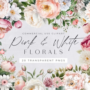 Dusty Pink and White Floral Watercolor Clipart Pack for commercial use, Blush Roses & Flowers, Transparent PNGs, Botanical Wedding Bouquet
