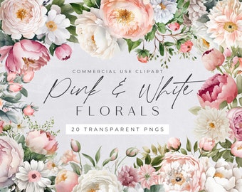 Dusty Pink and White Floral Watercolor Clipart Pack for commercial use, Blush Roses & Flowers, Transparent PNGs, Botanical Wedding Bouquet