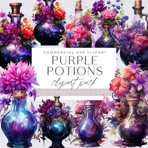 Potion Bottles Clipart, Magic Love Potions, Purple Witchcraft, Witch, Junk Journal, Decorative Floral Bottle, Mystical Fantasy Clip Art,