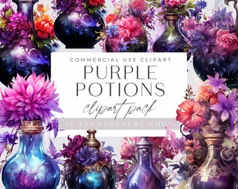 May include: A digital clipart pack of 15 purple potion bottles with floral accents. The bottles are transparent and filled with swirling purple and blue liquids. The flowers are in shades of pink, purple, and white. The text "COMMERCIAL USE CLIPART PURPLE POTIONS clipart pack 15 TRANSPARENT PNGS" is displayed on a white background.