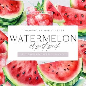 Pack de clipart pastèque, clipart, aquarelle de fruits d&#39;été, clipart tropical, usage commercial, PNG transparents,