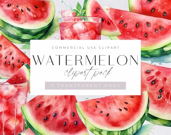 Watermelon Clipart Pack, Clip Art, Watercolor Summer Fruit, Tropical Clipart, commercial use, Transparent PNGs,